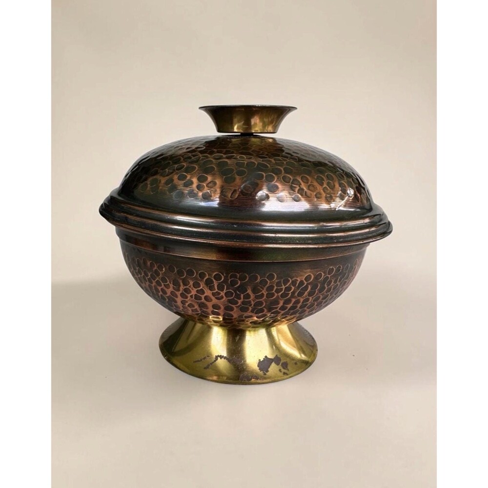 Vintage Israeli Hammered Copper & Brass Lidded Pedestal Bowl | Covered Dish